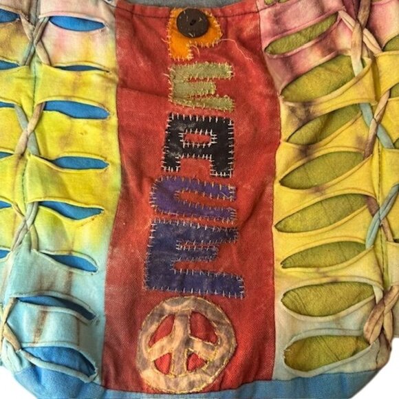 Colorful Boho Hippie Shoulder Bag With Peace Symbol & Patchwork Design - Picture 2 of 6